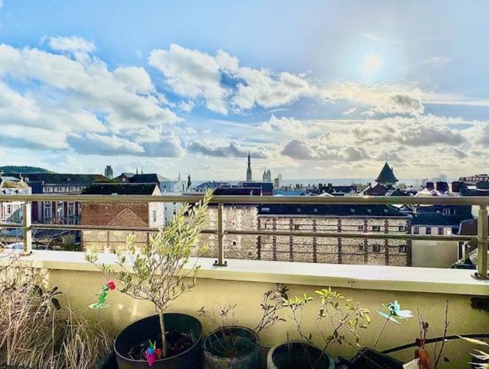 Votre agence de proximité locale DELAITRE IMMOBILIER , vous propose  Ce bien rare et exceptionnel   Rouen gare au calme, de style contemporain, cet appartement duplex de 124 m2 au dernier étage  avec ascenseur,  100m2 de terrasse dont une partie plein sud vue cathédrale , 2 garages fermés ,2 parkings en sous sol , une cave.  Son organisation  très fonctionnelle :  Une entrée avec rangement, grand séjour salon traversant vue cathédrale, un wc, une cuisine équipée et aménagée, donnant sur terrasse.  A l...